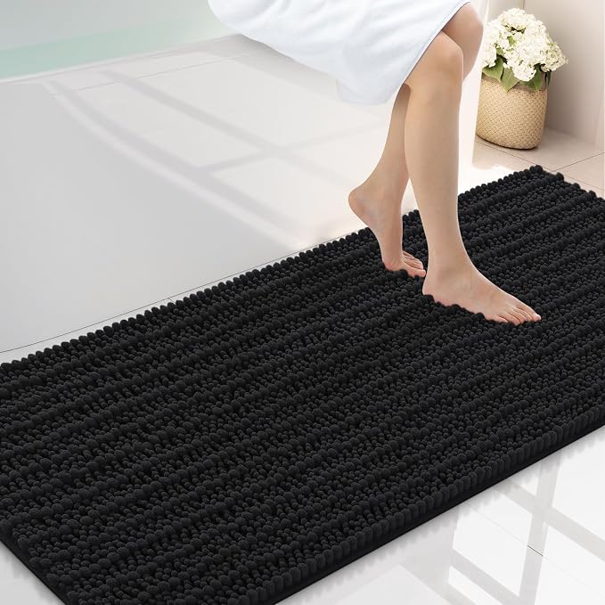 Smiry Bathroom Rugs 59X20, Extra Soft Rubber Backing Chenille Bath Mats | Black Machine Washable Non Slip Quick Dry Bath Mats for Bathroom Floor, Tub, Shower, Home Decor Accessories