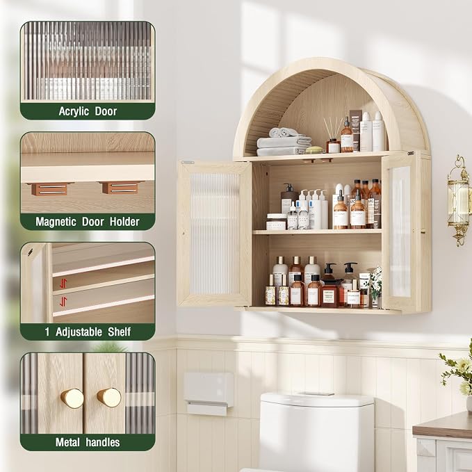Medicine Cabinet with Arched Top, Bathroom Wall Cabinet Over Toilet with Wave Pattern Acrylic Doors and Removable Shelf, Roman Style Small Wall Cabinets for Kitchen, Living room, Laundry Room, Oak