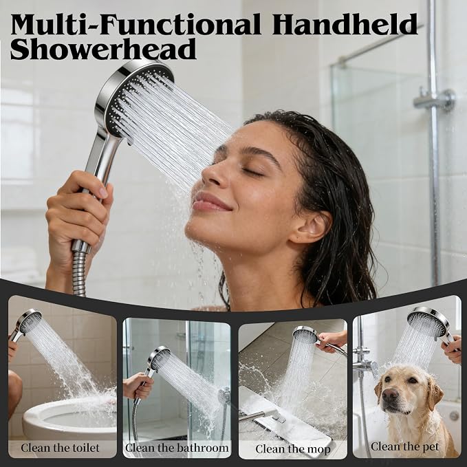 12 Inch Shower Head, Rain Shower Head with Adustable Extension Arm, Detachable Silver Rina Shower Head with Handheld Spray, High Pressure Shower Hose with Holder in Bathroom(Silver)