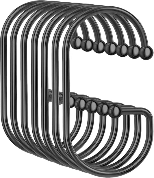 OEH Shower Curtain Hooks, 24 Pcs Shower Curtain Rings, Durable G Shape Black Shower Curtain Hooks Rust Proof, Simple Shower Rings for Curtain, Glide Smoothly Shower Hooks for Shower Curtain Rod, Black