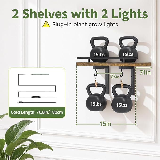 LASZOLA Wall Plant Shelves Floating Hanger Holder with Lights, 2 Pack Brown | Window Stand with Hooks, Metal and Wood, Flower Hanging Display Rack for Indoor Bedroom Living Room Bathroom Kitchen Decor