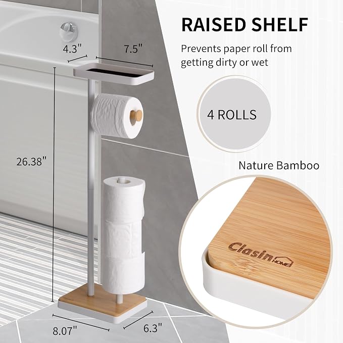 Clasin Home Toilet Paper Holder Stand, Free Standing Toilet Paper Holder with Storage and Top Shelf, White Toilet Paper Stand Weighted Base with Bamboo Design for Bathroom