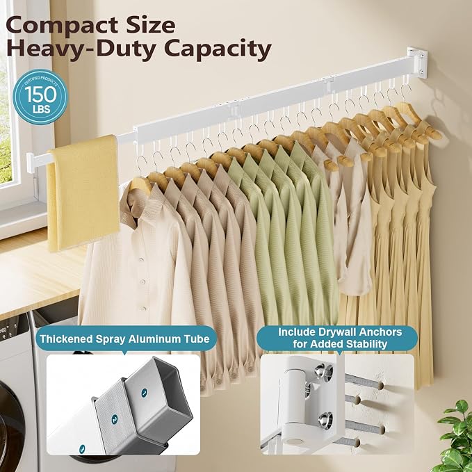 Clothes Drying Rack Wall Mounted, Space-Saving Drying Rack Clothing, Collapsible Foldable Retractable Laundry Rack with 18 Hooks, Indoor/Outdoor, White