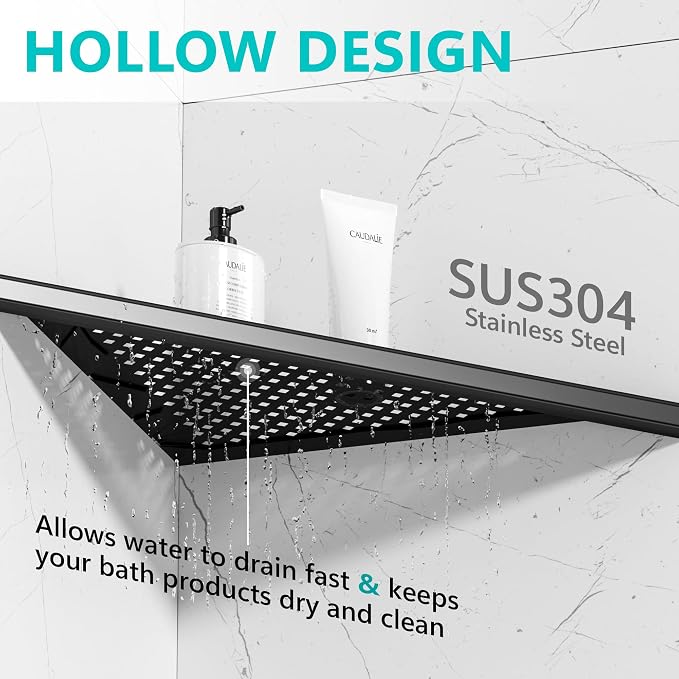 Qeke Bathroom Corner Shelf, Recessed 12" Shower Shelf Caddy, SUS304 Stainless Steel Shelf Wall Mount Triangular, No Drilling, Matte Black | 304 Stainless Steel Grout in Bathroom Corner Shelves, Bathroom Shelf for Tiled Wall, Rustproof, No Drilling Requ...