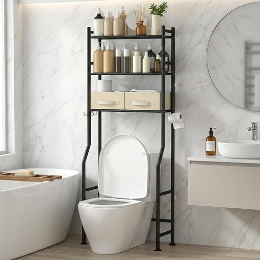 GloTika 3-Tier Over Toilet Storage, Anti-Tilt, 64" H, Black, 2 Baskets | Anti-Tilt Safety System, 150lb Capacity, Carbon Steel, Freestanding, No Drilling, Anti-Rust Coating, Paper Holder & 4 Hooks