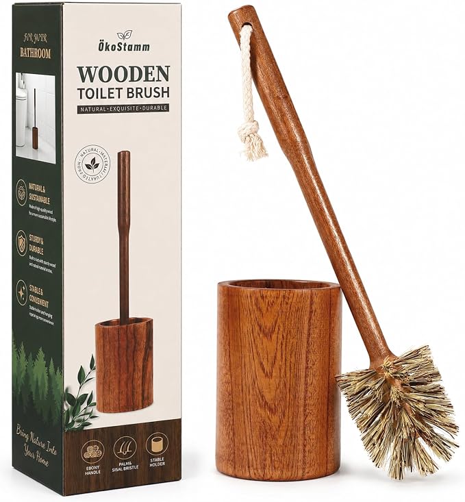 Wooden Toilet Brush and Holder, 13.9'' Long Handle Toilet Scrubber | Durable Ebony Wood, Natural & No Plastic, Moderate Hardness Bristles, No scratch, Stable Holder, Decoration for Bathroom