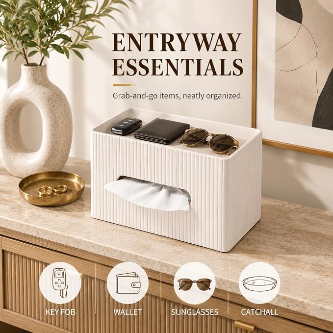 Ribbed PU Leather Tissue Box Cover with Storage Tray, Rectangular Facial Tissue Holder for Bathroom Vanity, Nightstand & Office Desk, Modern Decorative Tissue Dispenser (Ivory White)