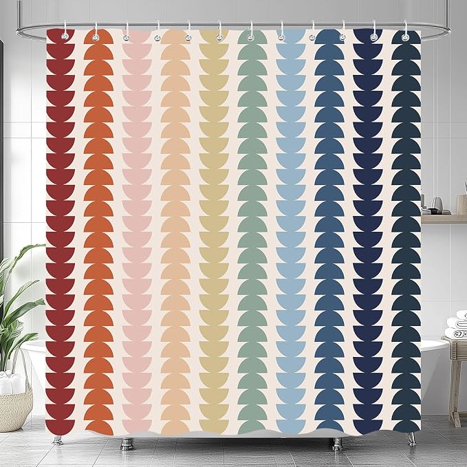 Modern Geometric Shower Curtain, Vintage Rainbow Mid-Century Abstract Art Design Bath Curtains for Bathroom, Colorful Semicircular Pattern Waterproof Polyester Fabric Bathroom Set 12 Hooks 72X78IN