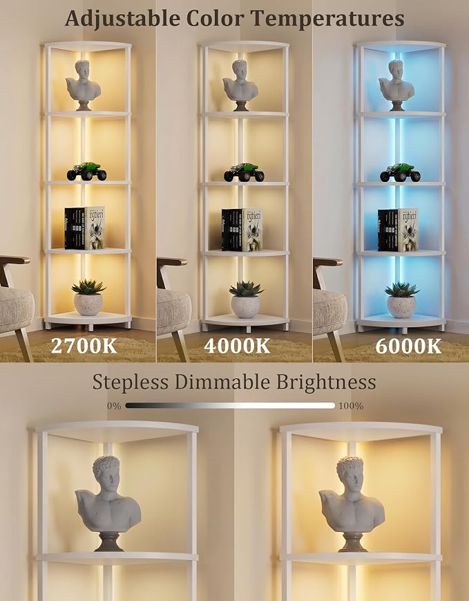 Corner Shelf with LED Light, 5 Tier Smart Color Changing Floor Lamp with Remote, 62" Display Shelf Bookshelf Narrow Storage Rack Standing Lamp for Living Room Bedroom Home Office Decor, White