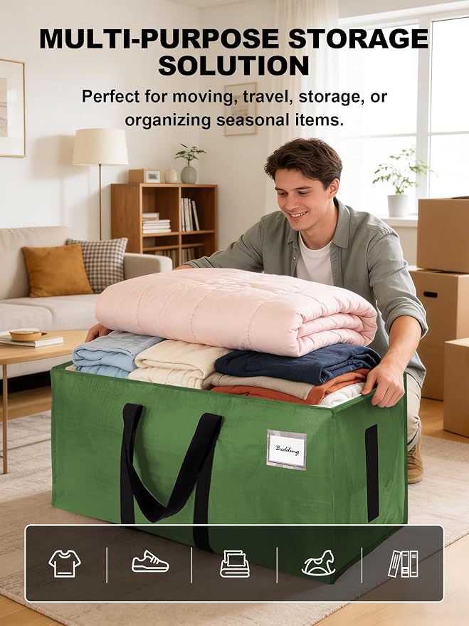 HOMESURE Supports 200lbs Heavy Duty Moving Bags - Strong Zipper & Wrap-Around Handles - Water-Resistant Storage Totes, Durable Alternative to Moving Boxes - 8 Pack - Olive Green
