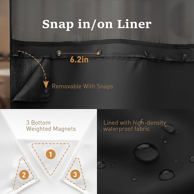 Black Ringless Linen Textured Shower Curtain with Snap in Liner, 72x75 | 3 in 1 Hotel Shower Curtain Set, Removable Liner, Waterproof & Washable, Mesh Top Window, Durable Fabric, Easy to Install