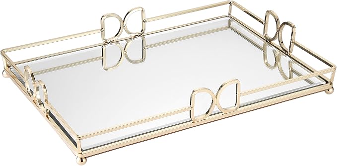 Large Gold Mirrored Tray for Makeup Vanity, 14x10 Entire Length Perfume Organizer for Dresser Top, Elegant Decorative Countertop Storage