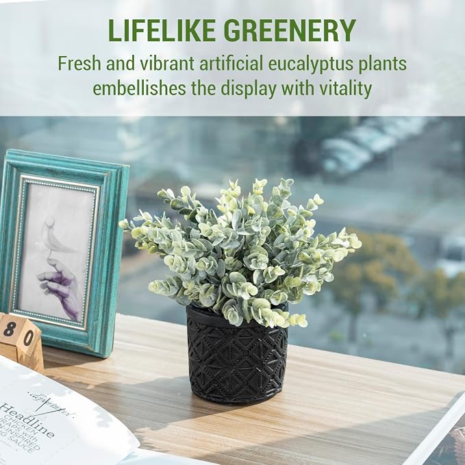 MyGift Black Artificial Eucalyptus Plant Gray Concrete Embossed Planter | Lifelike Leaves, Maintenance Free Accent, Contemporary Styling, Compact Décor, Natural Appearance, Easy Placement