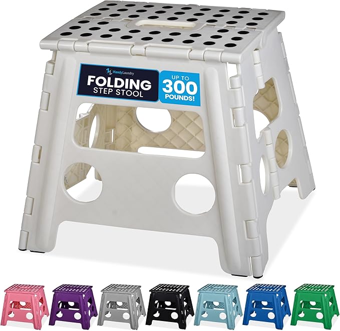 Handy Laundry Folding Step Stool 13 Inch, White, Non-Slip Holds 300 lbs | 13 Inch, White, Foldable Collapsible Step Stool, Non-Slip, Holds 300 lbs, Kitchen Bathroom Bedroom, Adults
