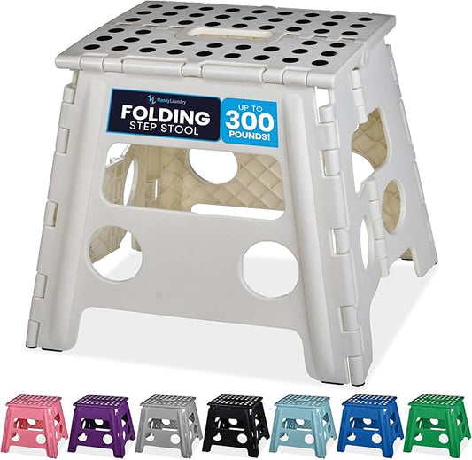 Handy Laundry Folding Step Stool 13 Inch, White, Non-Slip Holds 300 lbs | 13 Inch, White, Foldable Collapsible Step Stool, Non-Slip, Holds 300 lbs, Kitchen Bathroom Bedroom, Adults