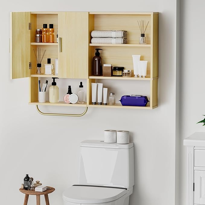 Bathroom Wall Cabinet Wood Large Wall Mounted Medicine Cabinet with 2 Doors and 4 Open Shelves Over Toilet Storage Cabinet Organizer with Towel Bar,Wood