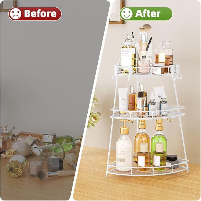 VITVITI 3 Tier Bathroom Counter Organizer Corner Vanity Shelf Storage White | Metal Mesh Bathroom Countertop Organizer, Bath Room Sink Makeup Organizers for Skincare Perfume Lipstick, with Hooks