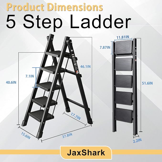 5 Step Ladder Folding Step Stool Sturdy Carbon Steel Frame | 500LBS Capacity Sturdy Anti-Slip Thick Pedal & Feet Portable for Home Kitchen Garage (black-4step)