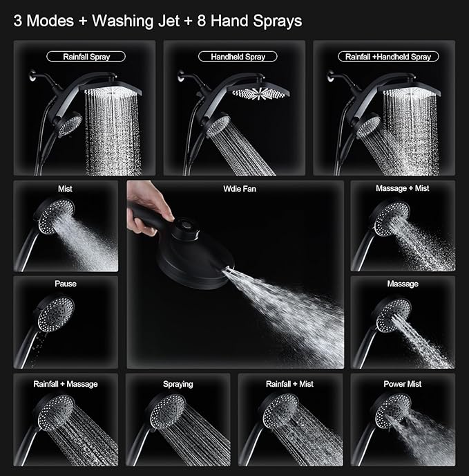 12" High Pressue Rain Shower Head with Handheld, 9 Sprays Hand Showerhead | Shower Heads with Handheld Spray Combo, Dual Head, Built-in Magnetic Docking, Power Jets, 59" Shower Hose, Black 1.8GPM