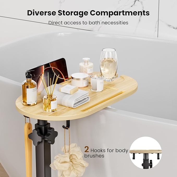 Bamboo Bathtub Table with Adjustable Height | Freestanding Bath Tray Caddy Board Tub Organizer, House Warming Gift, New Home, Bridal Shower Gift for Women