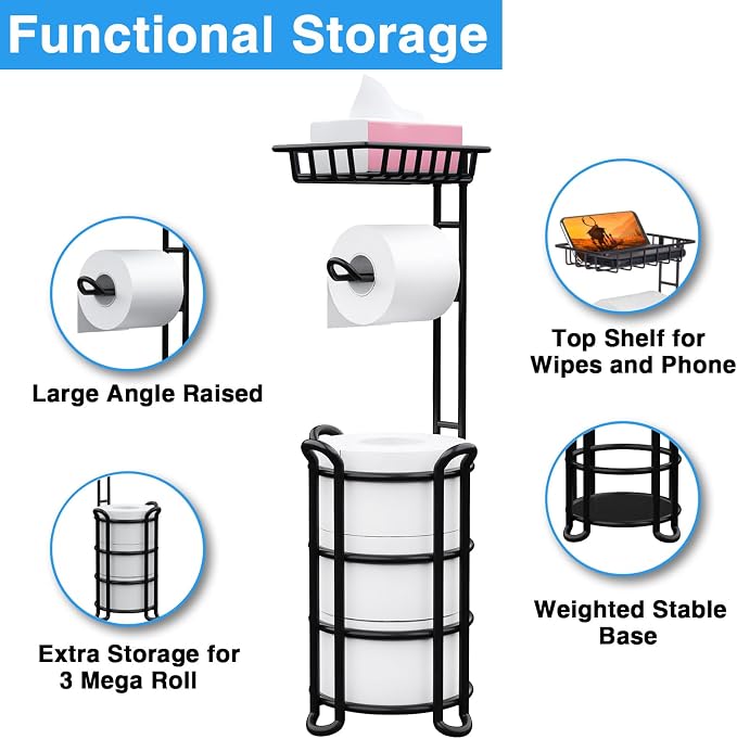 Toilet Paper Holder Stand with Shelf, Free Standing Tissue Roll Storage Rack with Dispenser for Bathroom, Black