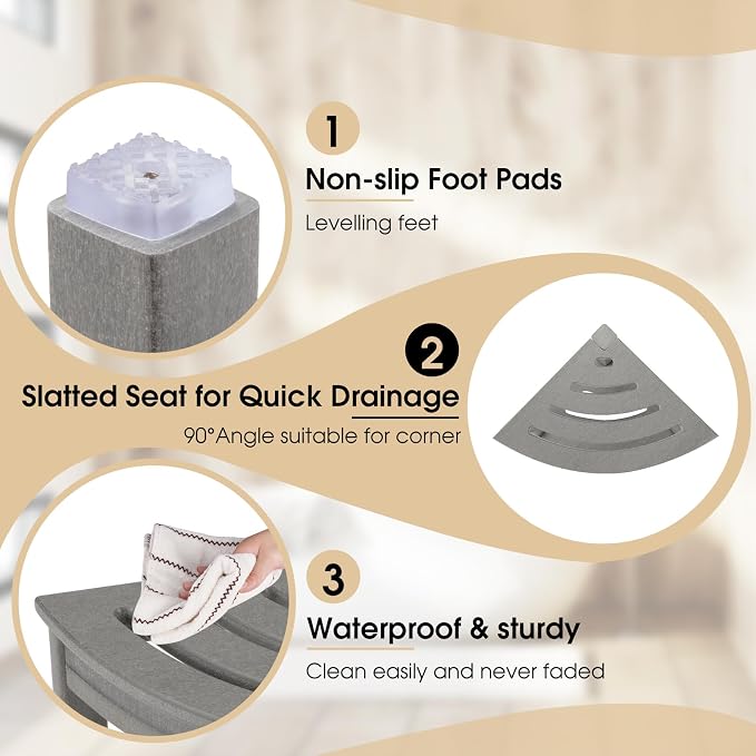 Apolimi HDPE Corner Shower Stool,Shower Bench Seat with Storage Shelf for Shaving Legs Plastic Spa Bath Step Foot Rest for Bathroom Small Place (Grey)