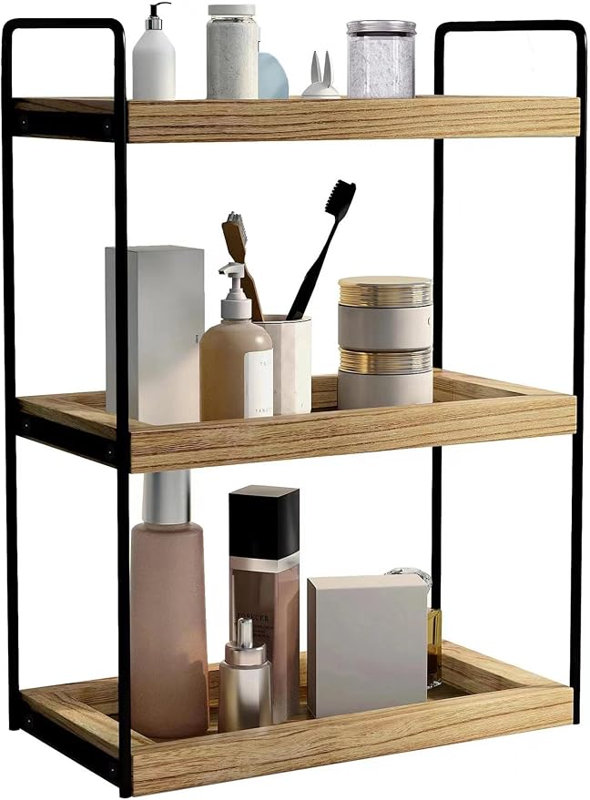 Dorhors Bathroom Counter Organizer,Countertop Tray Storage Shelf | 3 Tier Rustic Brown Wood Vanity Organizer for Skincare,Perfume,Makeup,Counter Tray for Bathroom,Kitche,Dresser