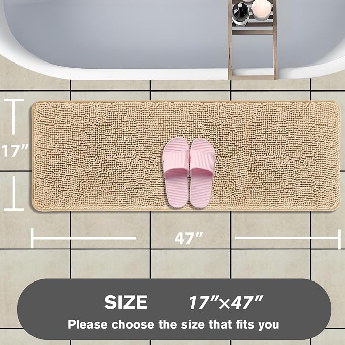 Bathroom Runner Rug 47 x 17 Inch – Long Bath Mat | Absorbent and Washable Thick Chenille Bath Rug Non-Slip Runner Rug for Bathroom, Shower, Sink(Ivory Cream)