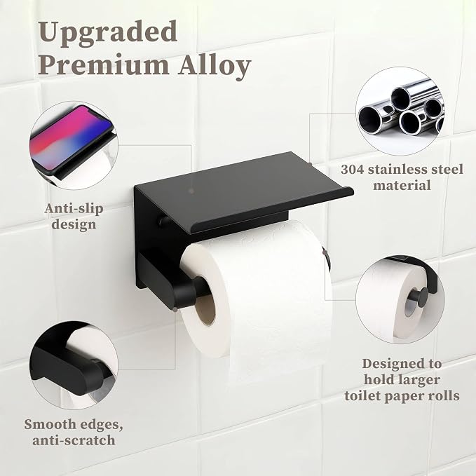 Black Toilet Paper Holder with Shelf - Rustproof Stainless Steel Wall Mount or Self Adhesive Bathroom Tissue Roll Holder - Fits Mega Rolls, for Bathroom, Washroom, Kitchen & RV Decor