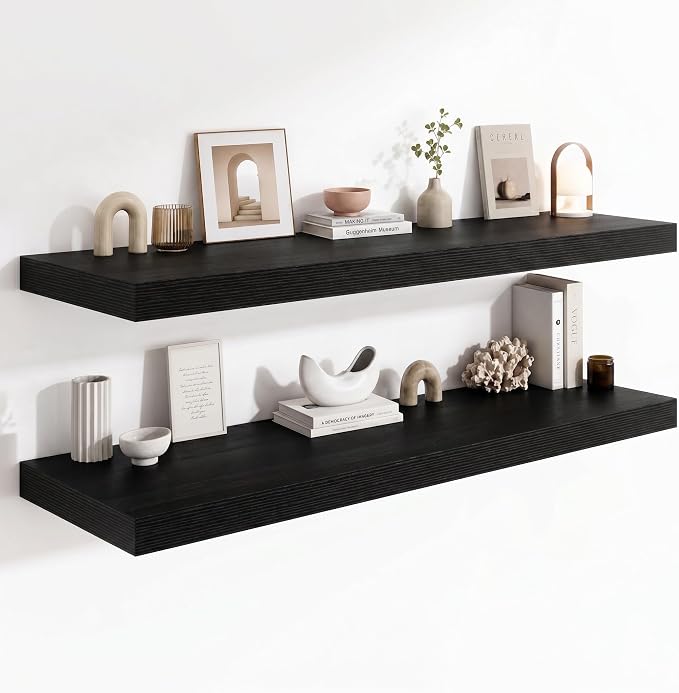 12 Deep Floating Shelves for wall,55 Inch Extra Long Large Wall Shelves Set of 2,2 Inch Thick Heavy Duty Floating Wall Mounted Shelves,Floating Shelf for Fireplace Mantel,Black