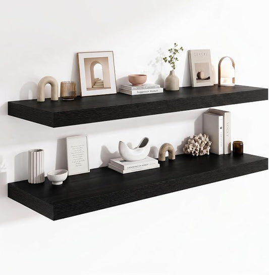12 Deep Floating Shelves for wall,55 Inch Extra Long Large Wall Shelves Set of 2,2 Inch Thick Heavy Duty Floating Wall Mounted Shelves,Floating Shelf for Fireplace Mantel,Black