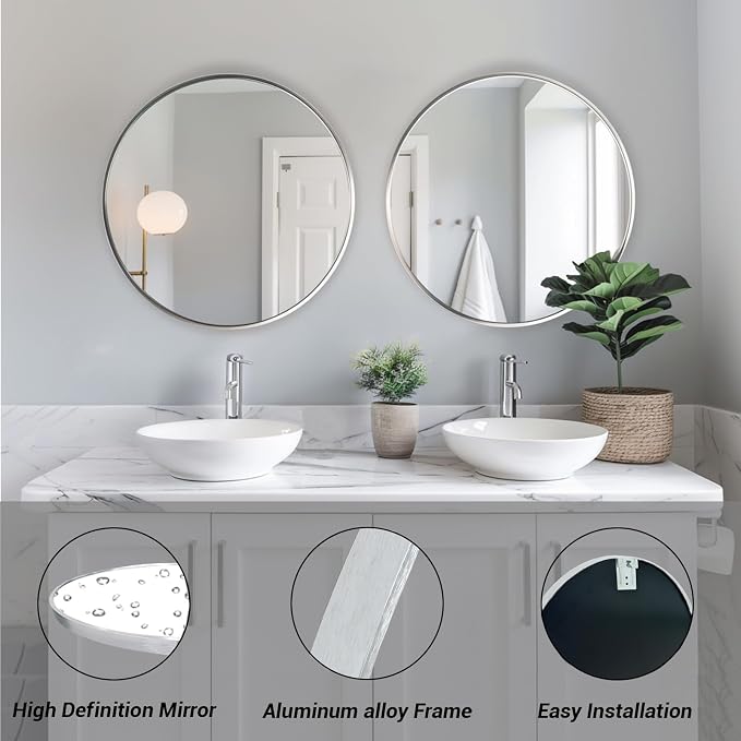 Big Bathroom Mirror 42 inch,Silver Wall Mirror,Brushed Metal Frame | Brushed Silver Metal Frame, High Definition Mirror, Rust-resistant, Circle Mirrors for Living Room, Bedroom, Dressing Room