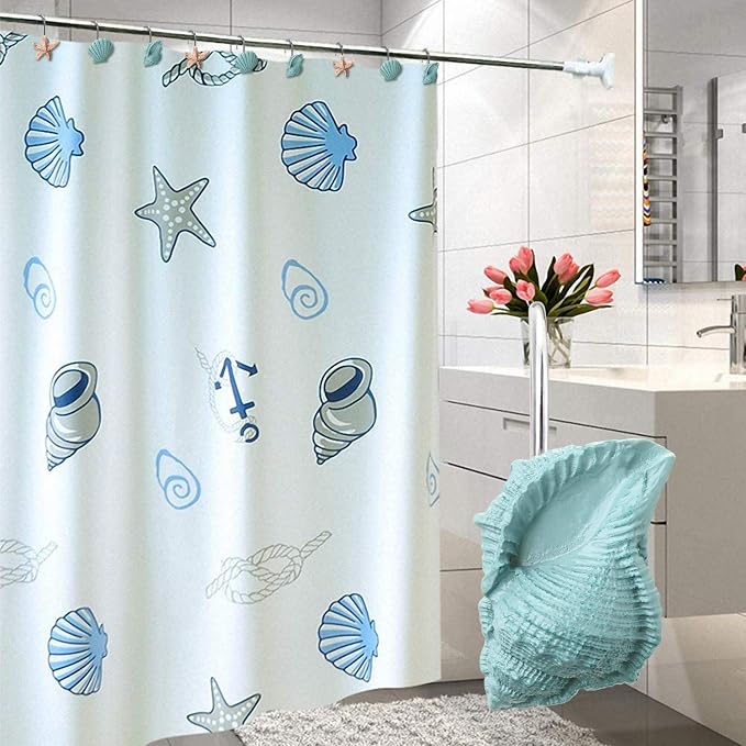 AGPtek® Seashell Shower Curtain Hooks, Blue Seashell, 12PCS | Anti Rust, Decorative Resin, Bathroom Decor, Baby Room Decor, Bedroom & Living Room Decor