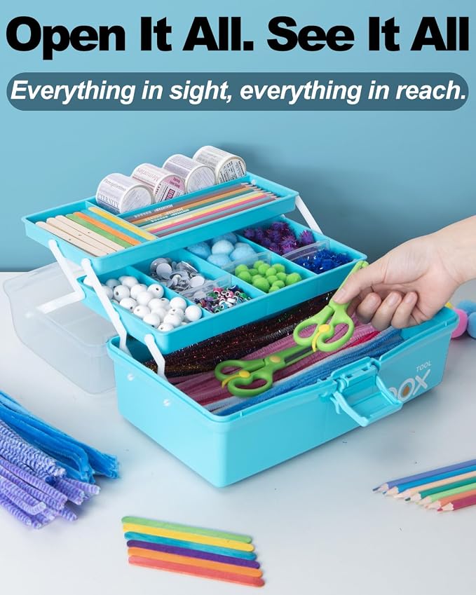 TERGOO 12in 3-Layer Plastic Craft Organizers and Storage, Portable Folding Tackle Box with Handle & Adjustable Dividers, Multipurpose Case for Sewing, Art Supplies, Medicine, Tools (Blue)