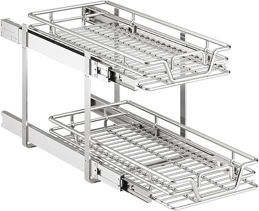 2-Tier Kitchen Cabinet,Pull Out Cabinet Organizer,Shelf and Drawer Organizer Slide Out Pantry Storaqe Basket in Multiple Sizes (12" W x21 D)