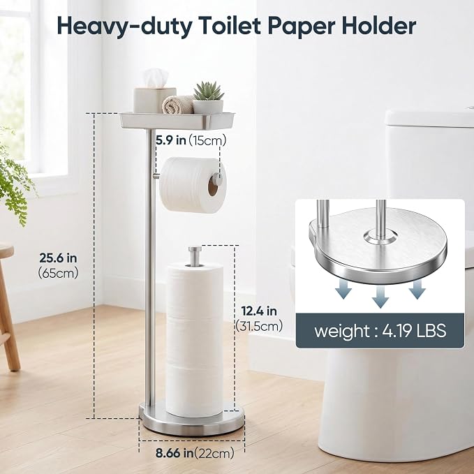 theaoo Toilet Paper Holder Stand with Shelf, Flushable Wipes Dispenser, Free Standing Toilet Tissue Roll Storage Rack Organizer for Bathroom (Silver, Free Standing - with Storage)