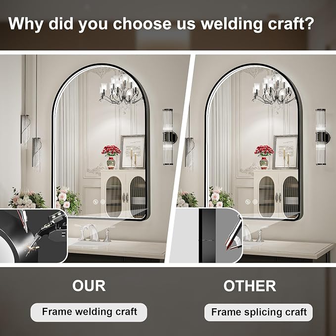 20X30 Inch Black Framed Arched LED Lighted Bathroom Mirror,3 Color | ETL Listed,Anti-Fog,3000K/4500K/6000K Dimmable,Horizontal & Vertical,Memory Function,Ideal for Bathroom Lighted,Vanity