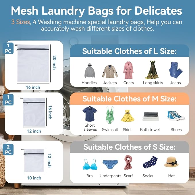 Mesh Laundry Bags for Delicates, 4Pcs Laundry Bags Mesh Wash Bags, Lingerie Bags for Washing Delicates, Laundry Bag for Delicates, Dorm Room Essentials (1 Large,1 Medium,2 Small)