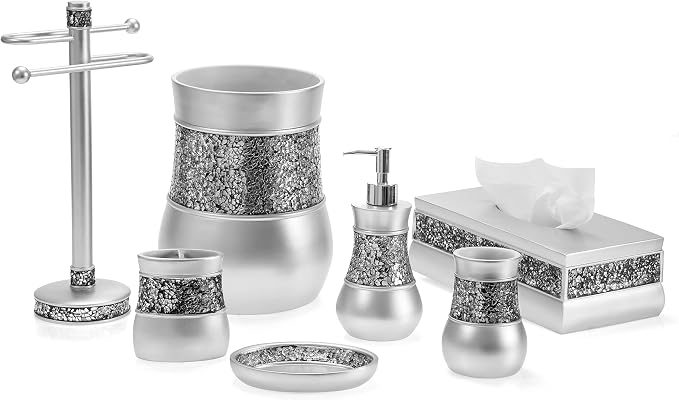 Crackled Glass Silver Free Standing Countertop Fingertip Towel Holder Stand | Unibody Resin Towel Rack For Bathroom or Kitchen Counter Top Decor
