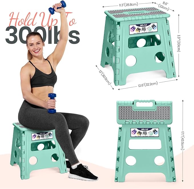 Delxo Folding Step Stool 13 Inch,300 Lbs Step Stool for Adults Green | Foldable Step Stool 13",Non-Slip Foot Stools with Handle,Lightweight Collapsible stools for Kitchen,Bathroom,Bedroom,Garden