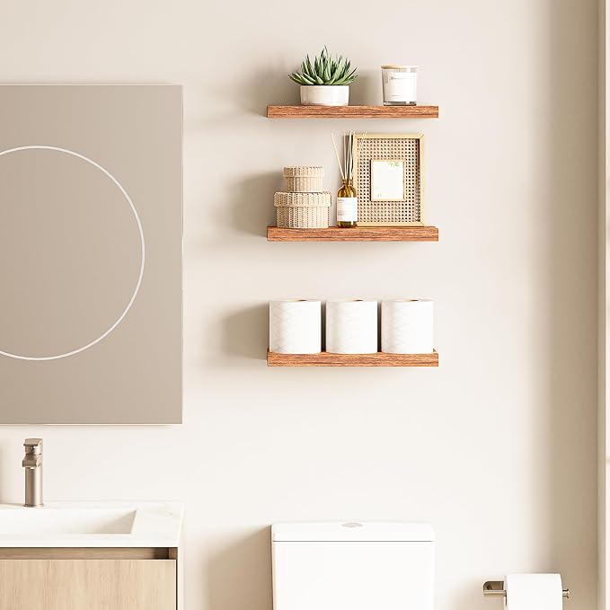 Ballucci Floating Shelf, 3-Pack 16" Rustic Brown Floating Shelves for Wall, Wood Wall Shelf for Home Décor, Floating Shelves for Bathroom, Living Room, and Bedroom, 6" Deep Wall Shelves