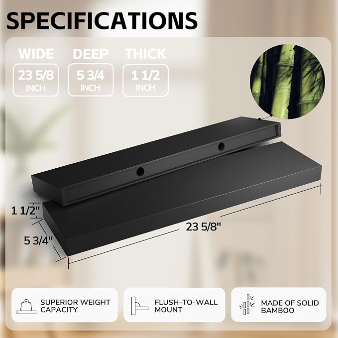 BAMEOS Bamboo Floating Shelves Wall Mounted Wooden Shelves with Invisible Brackets Set of 2, Hanging Wall Decor for Bedroom, Bathroom, Living Room and Kitchen
