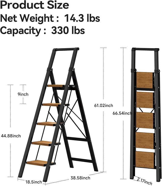 HillhutApex Aluminum 5 Step Ladder, Step Stool Foldable(Black Woodgrain) | Anti-Slip Pedals,330lbs Capacity,Lightweight Folding Ladders for Home,Office,Libaray
