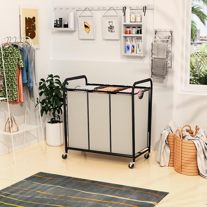 180L Laundry Sorter 3 Section, Rolling Laundry Basket with Wheels and Lid | 47.55 Gal Laundry Hamper, 3 Separated Removable Bags, Lockable Wheels, Dirty Clothes Hamper for Laundry Room Organizer, White