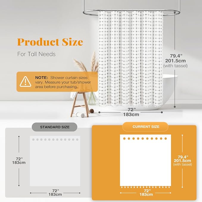 72x78 Boho Farmhouse Linen Fabric Shower Curtain Set, White and Black | Long Size, 330GSM Linen Blend, 3-side Tassels, Water Repellent Cloth, 12 Plastic Hooks, Rustic Bohemian, Machine Washable