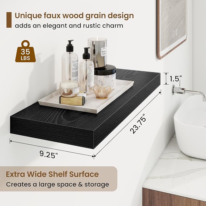 Marsmiles 9.25in Depth 24in Floating Shelves, 24x9.25x1.4, Black, Set of 2 | Wall Mounted Engineered Wood Shelves, Invisible Brackets for Living Room, Bedroom, Bathroom, Kitchen Decor and Storage