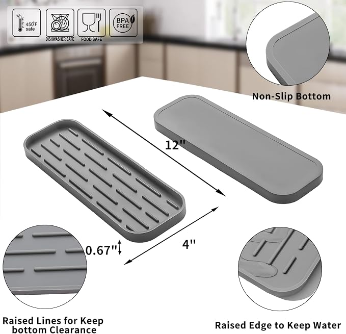 MicoYang Silicone Kitchen Sink Organizer Tray for Multiple Usage,Eco-Friendly Sponges Holder for Kitchen Bathroom Counter or Sink,Dish Soap Dispenser,Scrubber,Bottle,Cup (Grey, 12"×4")