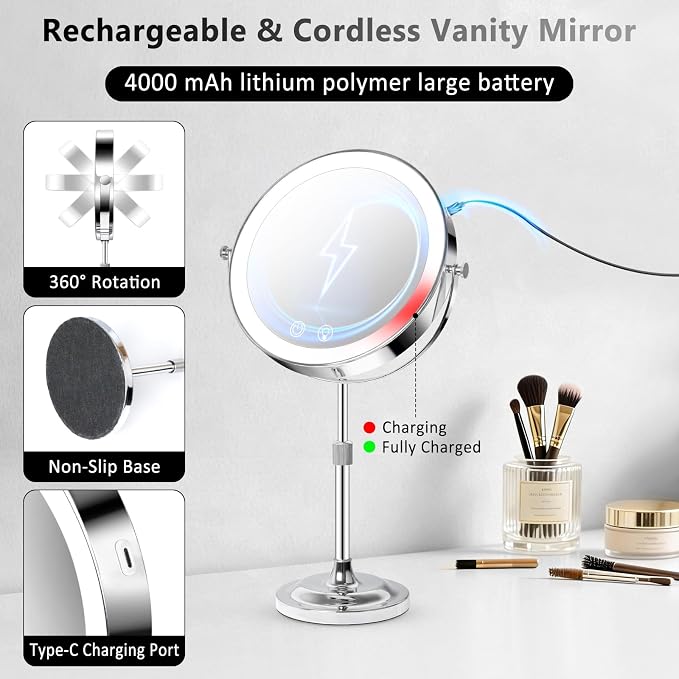 8" Makeup Mirror with Lights,4000mAh Rechargeable Vanity Mirror,1X/10X Double Sided Magnifying Mirror with Adjustable Height, 3 Colors Stepless Dimming Lighted Makeup Mirror,Women Gift