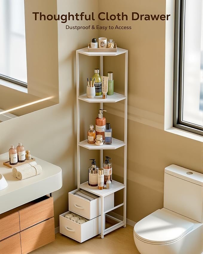 Housolution 6 Tier Corner Shelf Stand with Storage and Fabric Drawers,White | 63.4'' Tall Narrow Corner Bookshelf, Freestanding Corners Storage Shelf for Living Room Bedroom Small Space
