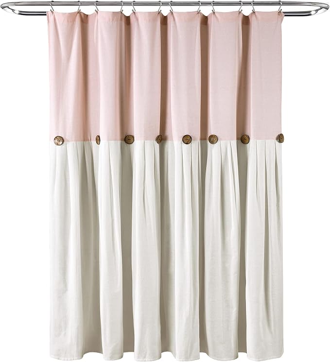 Lush Decor Linen Button Shower Curtain, 72" W x 72" L, Blush & Off White - Pink Bathroom Curtain - Fabric Shower Curtains - Farmhouse Bathroom Decor